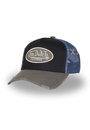 Casquette trucker Von Dutch bleu et gris avec dos en mesh et détails usés sur la visière et le patch logo du panneau avant.