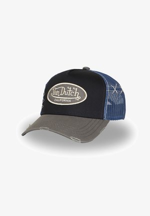 Casquette trucker Von Dutch bleu et gris avec dos en mesh et détails usés sur la visière et le patch logo du panneau avant.