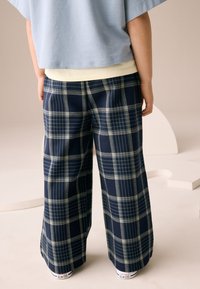 Pantaloni a gamba larga a quadri blu navy con strisce verdi chiare e bianche, realizzati in tessuto strutturato, abbinati a scarpe Converse bianche.