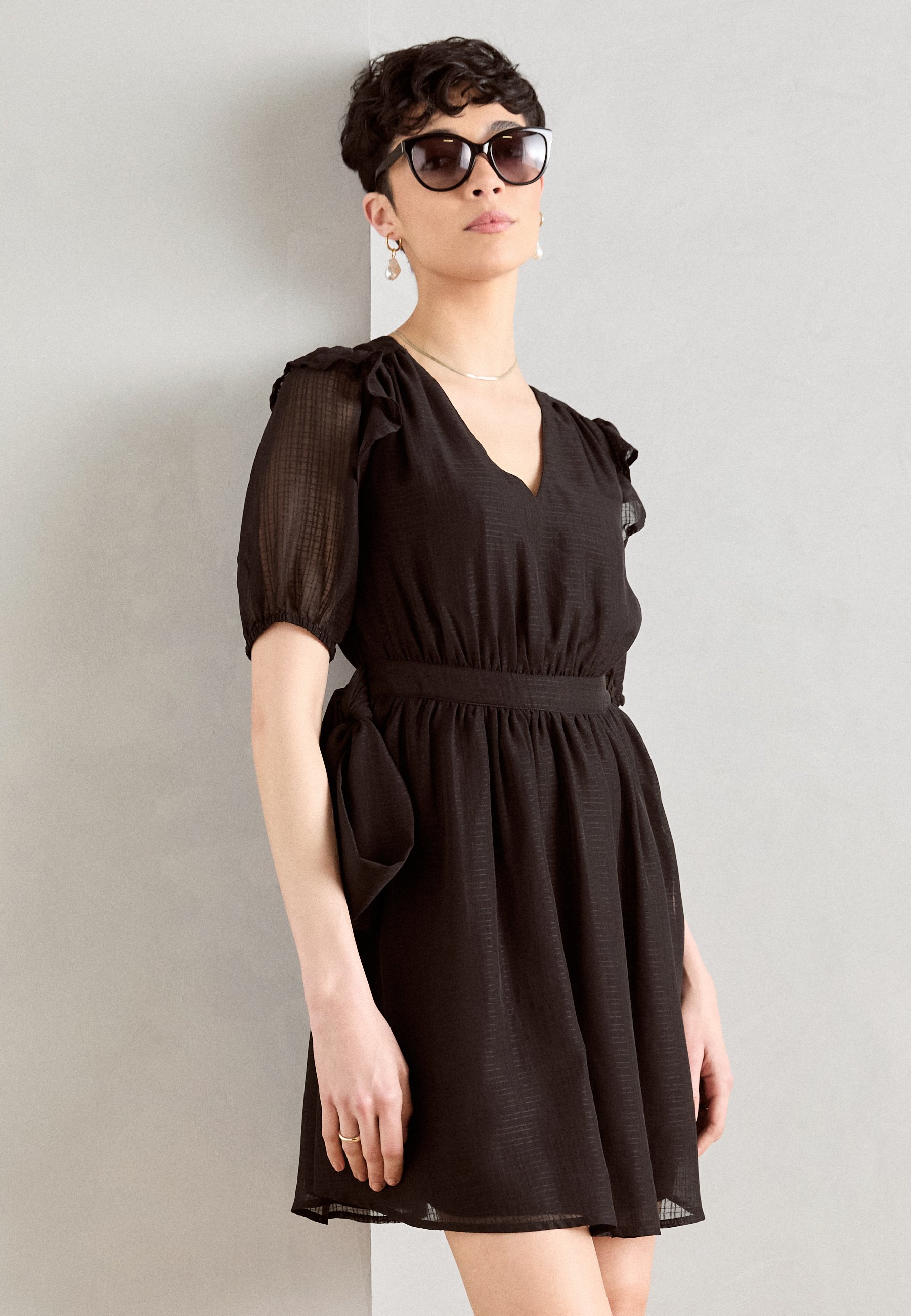 open lace back dress Chi Chi Broderie Anglaise Sleeve Poplin Mini Dress in Black, Size 8 main image 0