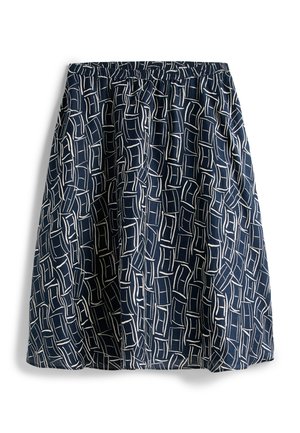 Σκούρο μπλε φούστα με ελαστική μέση, που διαθέτει αφηρημένο λευκό γεωμετρικό μοτίβο από διασυνδεδεμένα ορθογώνια σχήματα.