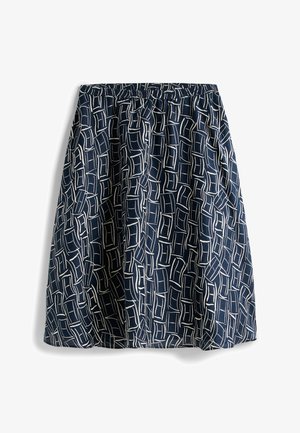 Jupe bleu marine avec taille élastique, présentant un motif géométrique abstrait blanc composé de formes rectangulaires entrelacées.