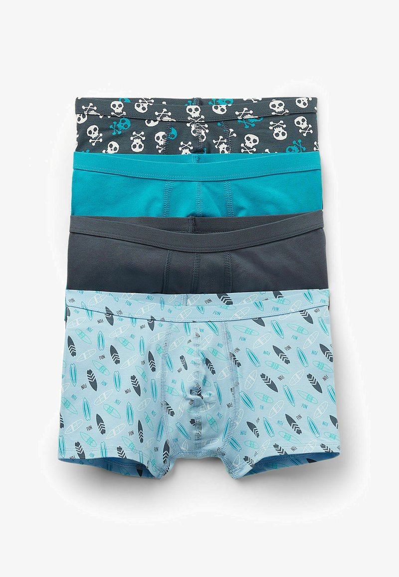 Tres pares de calzoncillos tipo bóxer para hombres: negros con estampado de calaveras blancas, en color teal sólido, gris oscuro y azul claro con estampado de tablas de surf. Material de algodón.