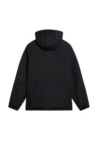 Giubbotto a sacco nero con cappuccio, polsini elasticizzati e texture trapuntata. La vista posteriore mostra cuciture orizzontali e un design dalla vestibilità rilassata.