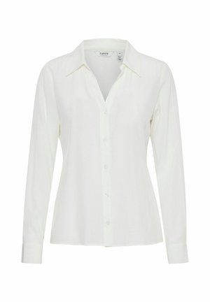 Weißes Langarmhemd, mit Knopfleiste, spitzem Kragen, aus leichtem Stoff mit glatter Textur, hat einen geraden Saum.