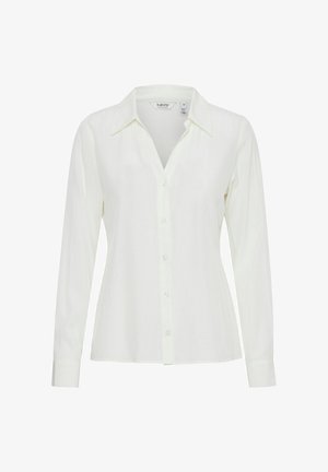 Fehér hosszú ujjú ing, gombos elülső résszel, hegyes gallérral, könnyű anyagból készült, sima textúrával, egyenes szegéllyel rendelkezik.