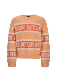 Pluizig oranje en witte trui met gedurfde "TOUR RETOUR" tekst in strepen, ronde halslijn en lange mouwen.