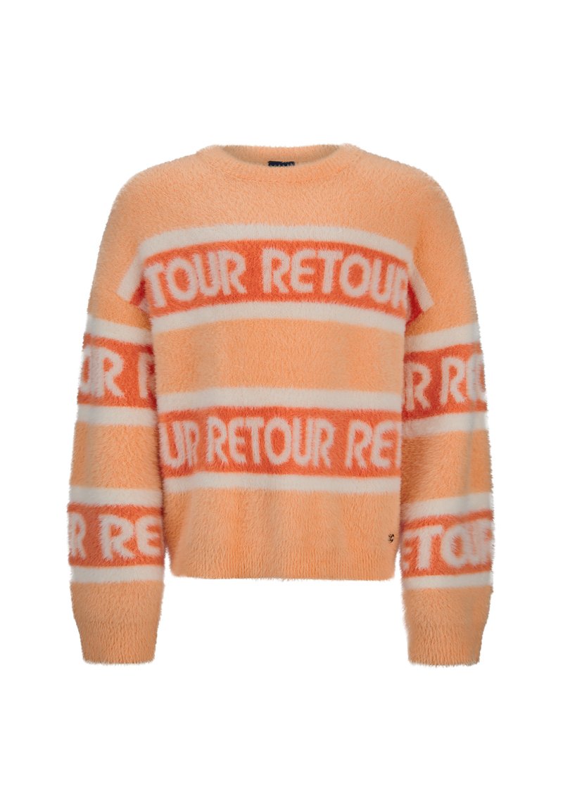 Pluizig oranje en witte trui met gedurfde "TOUR RETOUR" tekst in strepen, ronde halslijn en lange mouwen.
