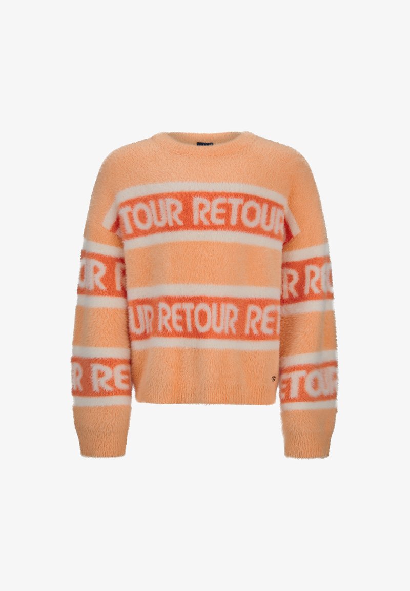 Flauschiger Pullover in Orange und Weiß, mit auffälligem "TOUR RETOUR"-Text in Streifen, rundem Ausschnitt und langen Ärmeln.