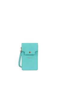 Sac à bandoulière en cuir turquoise pour smartphone avec une fermeture à rabat, quincaillerie dorée et une sangle réglable. Présente un logo de marque en relief.