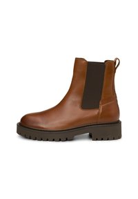 Braune Leder-Ankle-Boots mit elastischen Seitenpaneelen, runder Zehenpartie, dicker Gummisohle und einer Zuglasche an der Rückseite für ein einfaches Anziehen.