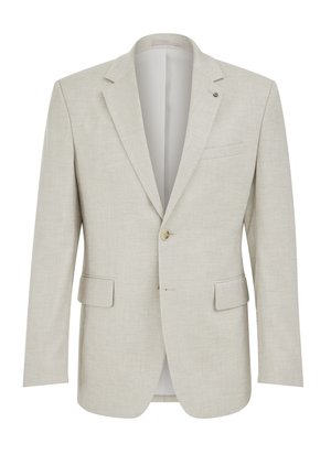 Jasnobeżowa męska marynarka z klapami typu notch, dwoma przednimi kieszeniami z patkami, jedną kieszenią na piersi i pojedynczym zapięciem na guzik.