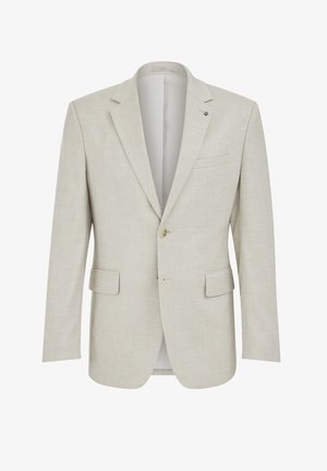 Jasnobeżowa męska marynarka z klapami typu notch, dwoma przednimi kieszeniami z patkami, jedną kieszenią na piersi i pojedynczym zapięciem na guzik.