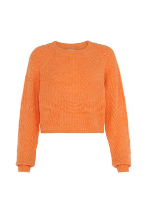 Maglione a maglia arancione brillante con maniche lunghe, polsini a coste e scollo rotondo, mostrato su sfondo bianco.