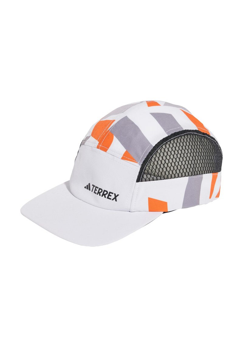 White cap with orange and gray geometric patterns, breathable mesh sides, and a curved brim. Features "TERREX" logo in black.