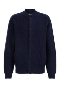 Cardigan tricoté bleu marine avec un motif texturé, col court et six boutons noirs sur le devant. Poignets et ourlet côtelés.