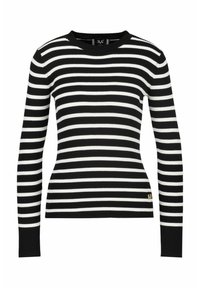 Schwarz-weißer gestreifter Pullover mit langen Ärmeln, gerippter Textur und rundem Halsausschnitt. Verfügt über ein kleines Logo-Tag am Saum.