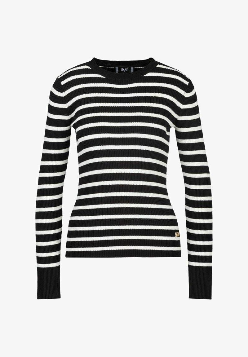 Schwarz-weißer gestreifter Pullover mit langen Ärmeln, gerippter Textur und rundem Halsausschnitt. Verfügt über ein kleines Logo-Tag am Saum.