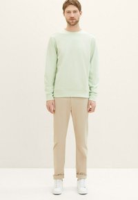 Jasnozielony sweatshirt z prążkowanymi mankietami, zestawiony z beżowymi spodniami. Model nosi białe sneakersy. Gładka faktura, prosty design, minimalne detale.