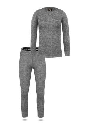 Graues Thermo-Langarmshirt und passende Thermohose mit schwarzem elastischem Bund, beschriftet mit "normani OUTDOOR SPORTS"