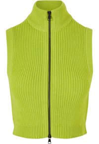 Top sin mangas de punto en un brillante verde lima, con cuello alto, cremallera frontal completa y textura acanalada.