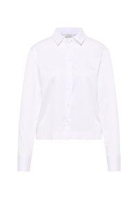 Witte katoenen shirt met een button-down kraag, lange mouwen en een verkort zoom. Soepele textuur en eenvoudig ontwerp, met knopen aan de voorkant.