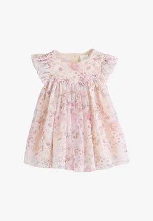 Rochie pentru bebeluși cu model floral roz deschis, mâneci scurte cu volane și fustă adunată pe fundal alb.