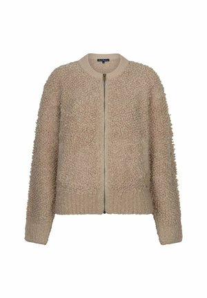 Beige, pluizige zip-up trui met lange mouwen en geribbelde boorden en kraag, gemaakt van structuurgebreide stof.