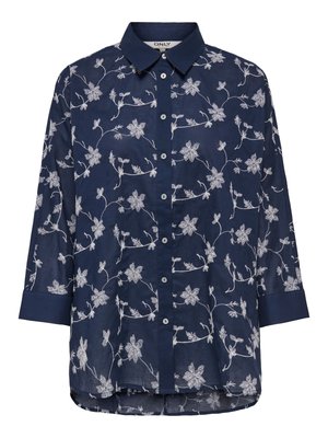 Navyblauw overhemd met lange mouwen, knoopsluiting, witte bloemrijke borduursels en een klassieke kraag, licht afgeronde zoom.