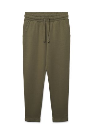 Pantaloni sportivi color verde oliva realizzati in tessuto morbido, con cintura elastica, coulisse e orli risvoltati, dotati di tasche laterali.