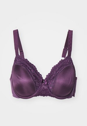 Fioletowy satynowy stanik z koronkowymi detalami, fiszbinami, wyściełanymi miseczkami, regulowanymi ramiączkami i akcentem w postaci kokardki na środku.