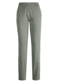 Kalhoty z bavlněné směsi v světle šedé barvě, s rovnými nohavicemi, zapínáním na knoflík a jednou přední kapsou. Hladká textura, minimální detaily.