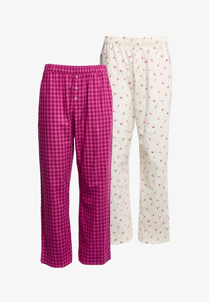 Twee paar pyjamabroeken: één in magenta ruit met knopen, de ander in crèmekleur met een bloemenpatroon. Beide hebben elastische taillebanden.