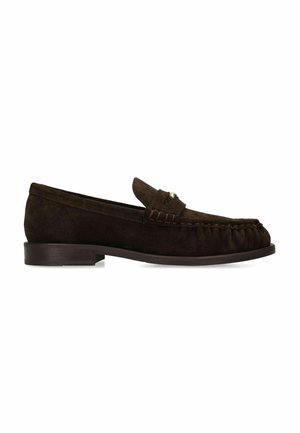Brown suede men's loafer with moccasin stitching and a small metal detail on the upper, set against a plain white background.
