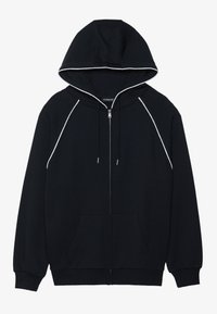 Felpa con zip nera, dotata di cappuccio foderato, piping bianco lungo le spalle e tasche frontali. Realizzata in un tessuto morbido e flessibile.