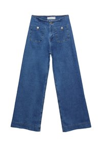 Jean en denim bleu à jambes larges, taille haute, fermeture à boutons sur le devant et deux poches plaquées avant avec boutons-pression métalliques.