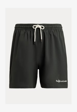 Melnas peldbikses, kas izgatavotas no viegla materiāla, ar elastīgu jostu un šnori, un ar izšūtu logo uz sānu.