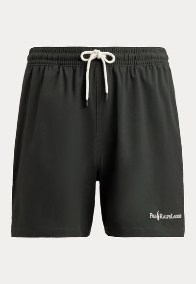 Čierne plavky z ľahkého materiálu, s elastickým pásom a šnúrkou na stiahnutie, s vyšitým logom na boku.