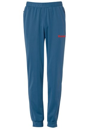 Blauwe sportbroek met een elastische tailleband, tapse boorden en een rood "Kemp" logo aan de voorkant. Glad stof met een lichte textuur.