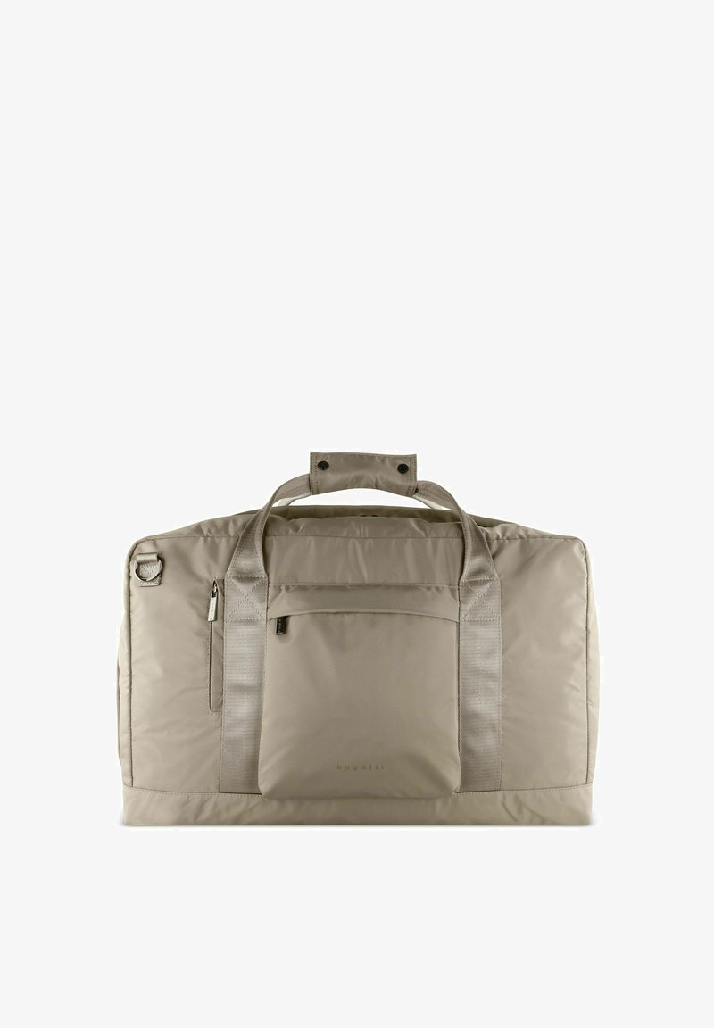 Sac polochon beige en matériau lisse et durable. Il comprend deux poignées supérieures, une poche avant zippée et un design épuré avec un marquage subtil.