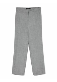 Pantaloni a gamba larga grigi realizzati in un tessuto testurizzato, con una vita piatta e senza tasche o chiusure visibili.