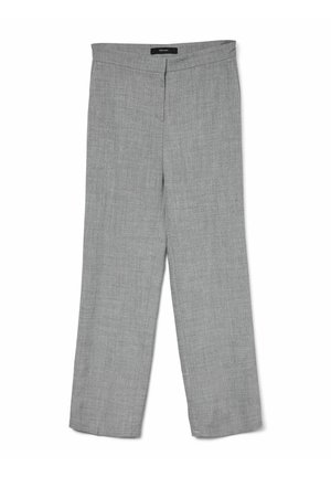 Pantalons larges gris en tissu texturé, avec une taille plate à l'avant et sans poches ni fermetures visibles.