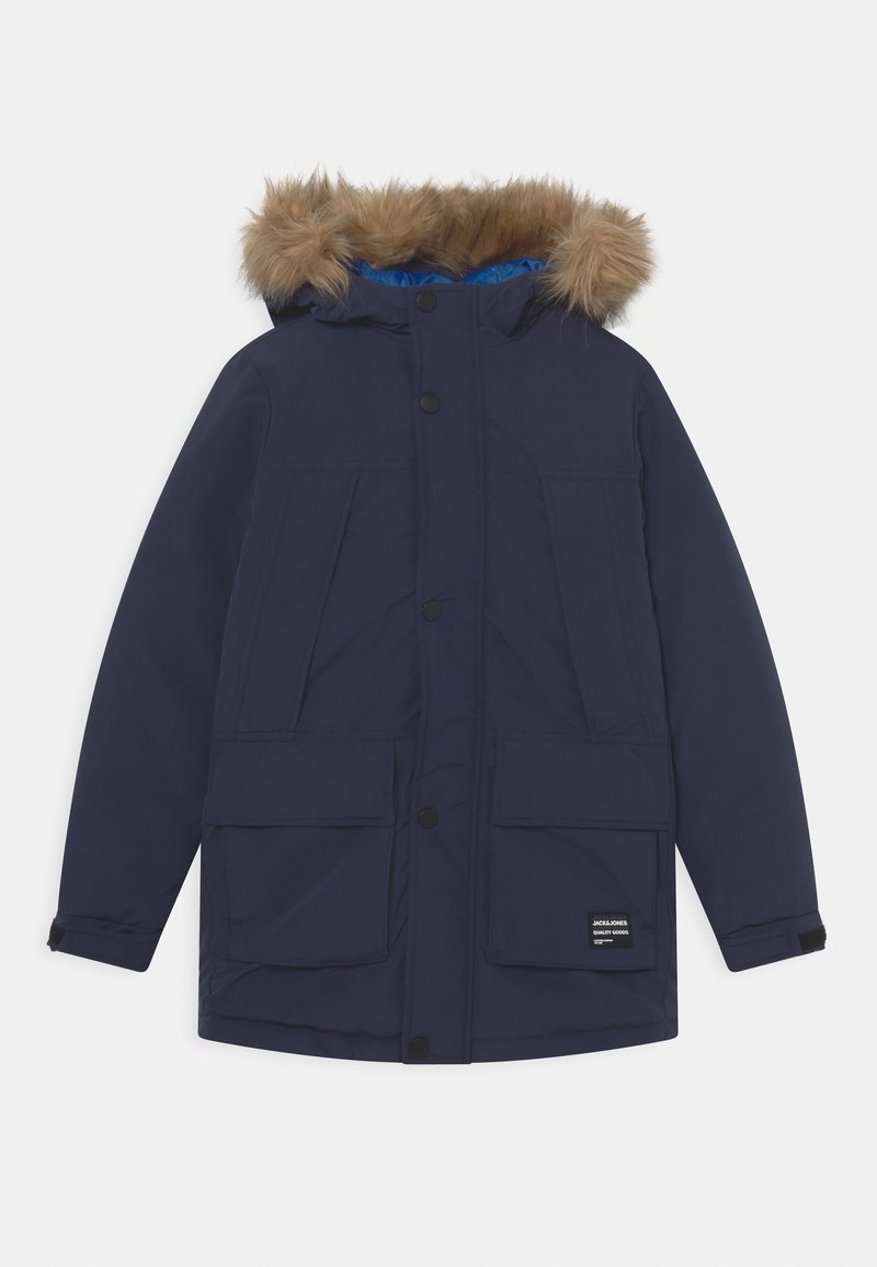 Parka d'hiver bleu marine avec capuche bordée de fourrure, fermeture à boutons sur le devant, plusieurs poches avant et sangles réglables aux poignets.