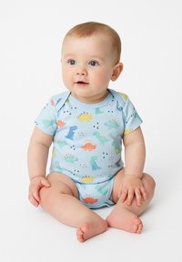 Svijetloplava body majica kratkih rukava s raznobojnim uzorcima dinosaura, s kopčanjem na dnu i mekane, rastezljive tkanine.
