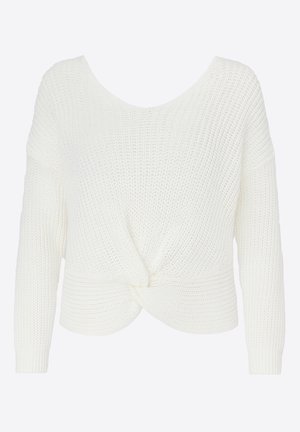 Pull blanc en maille avec manches longues, encolure dégagée et détail noué à l'avant. Tissu texturé avec une coupe légèrement ample.