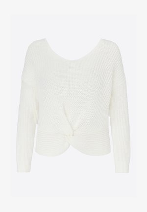 Hvid strikket sweater med lange ærmer, rund halsudskæring og et knyttet frontdetalje. Tekstureret stof med en let løs pasform.