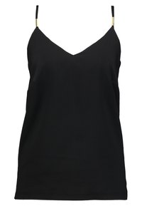 Svart linne med V-ringning, tunna spagettiband och detaljer i guldton. Mjukt, lätt tyg med en avslappnad passform.