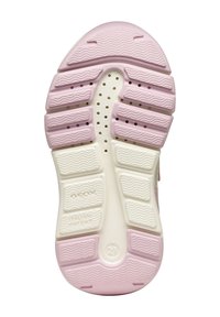 Semelle en caoutchouc rose et blanche avec des motifs texturés, des trous de ventilation et des détails de marque. Complétée par des accents ondulés.