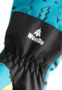 Guanto per bambini blu e nero con un design giocoso che presenta stelle e fulmini. La parte nera ha una superficie testurizzata e il logo "WeeDo".
