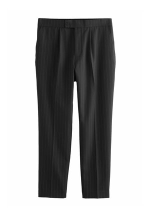 Black pinstriped trousers made of a smooth fabric, featuring a button closure and a regular fit. Vertical stripes run evenly throughout.